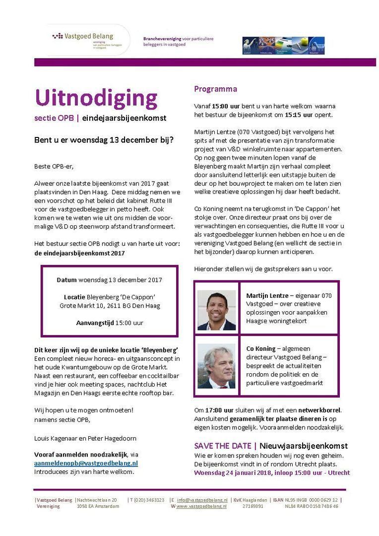 070 vastgoed spreekt op eindejaarsbijeenkomst sectie OPB van brancheverenging Vastgoed Belang