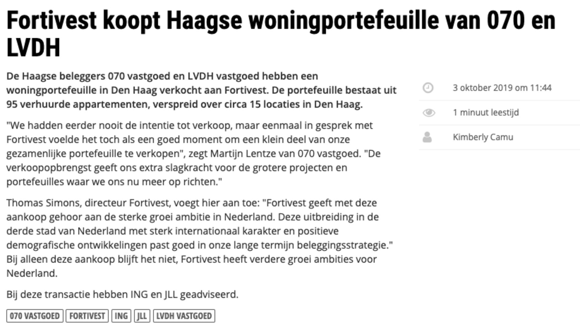 Fortivest koopt Haagse woningportefeuille van 070 Vastgoed & LVDH