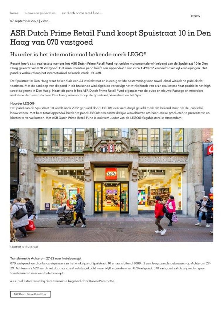 ASR Dutch Prime Retail Fund koopt Spuistraat 10 in Den Haag van 070 Vastgoed
